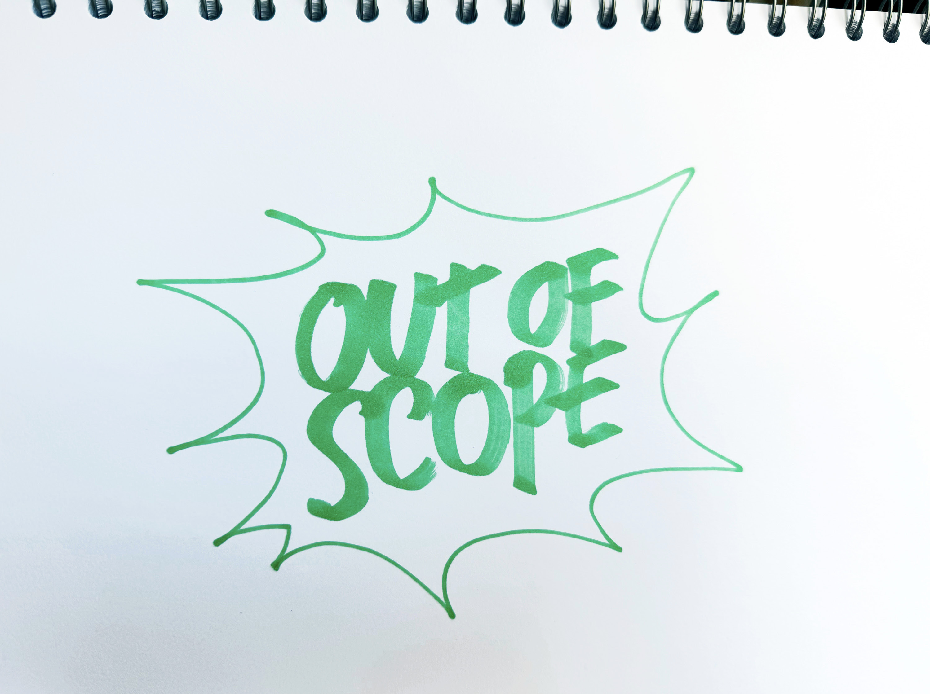 A green and white drawing of the word "Out of Scope".

Description generated by AI